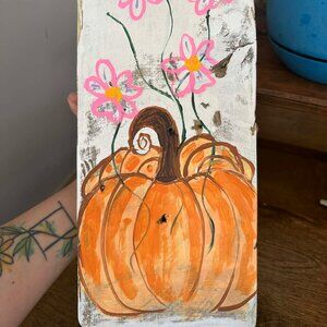 6x12 Pumpkin Painting w/ Pink Flowers